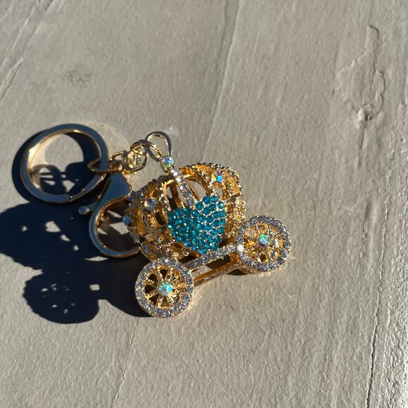 Cinderlla's Carriage Keychain, Gold & Blue Rhinestones, 3D - Picture 4 of 4